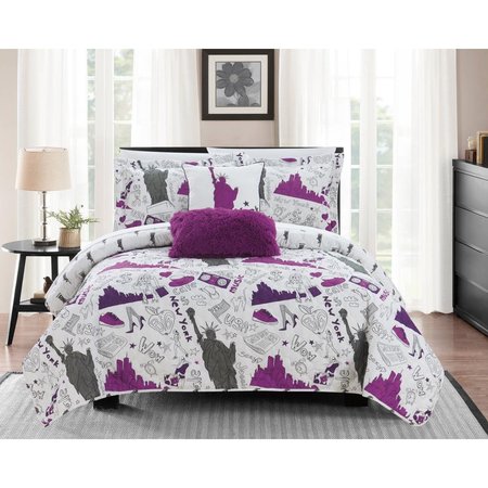 CHIC HOME Chic Home BQS15105-US 4 Piece Stillwell Reversible Quilt Set - Purple; Grey & White - Twin & Twin XL Size BQS15105-US